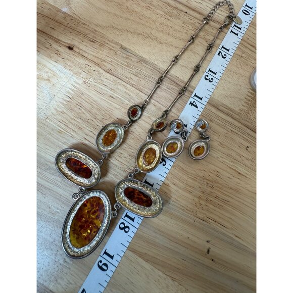 Amber Necklace & Earring Set With Silver Details - Picture 8 of 16